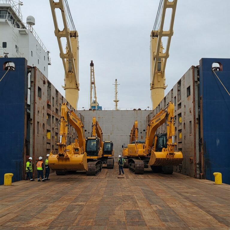 Heavy machinery secured inside a ship for export