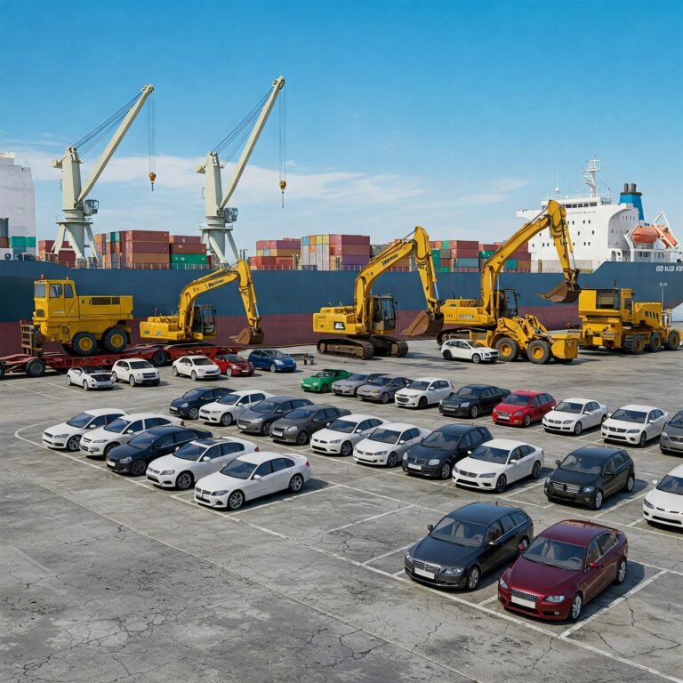 Cars and machinery at the port waiting for export