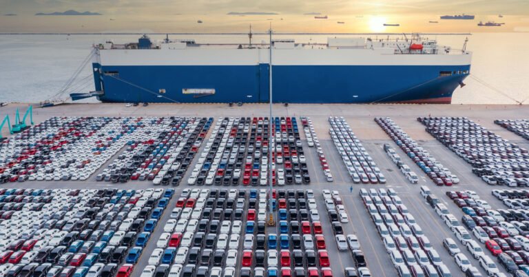 Cars lined up at the port before RoRo shipping from Dubai