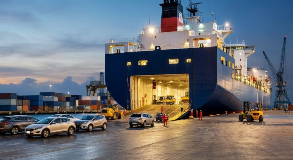 Cars loaded onto a RoRo ship in Dubai to ship to Algeria