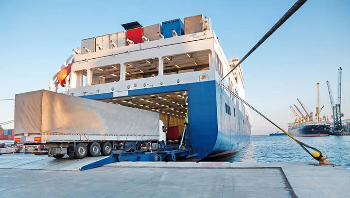 Truck loaded onto a RoRo vessel